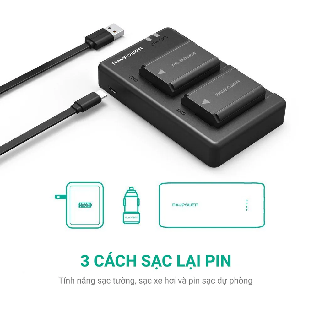 Bộ 2 Pin + Hub sạc Ravpower Sony NP FW50 4