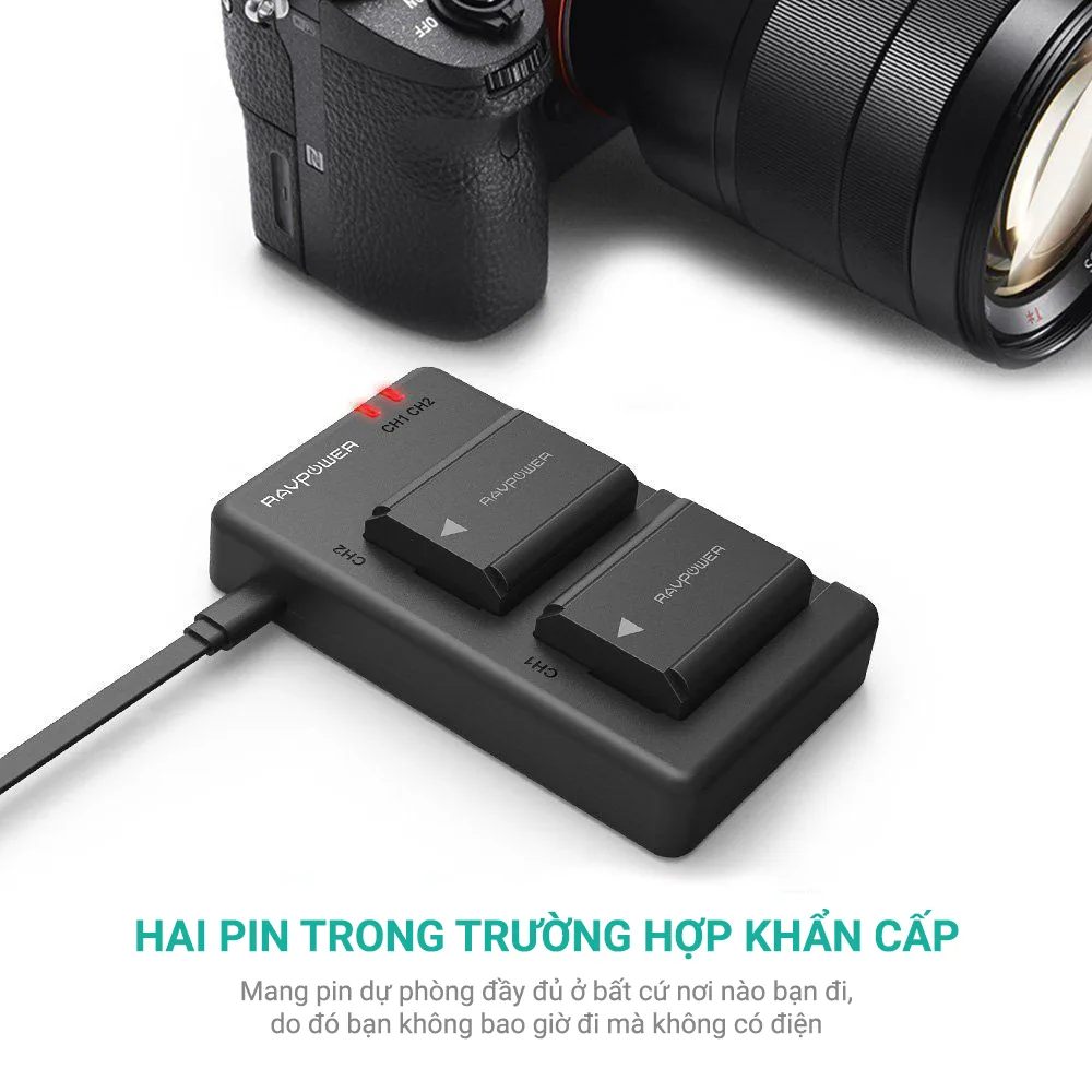 Bộ 2 Pin + Hub sạc Ravpower Sony NP FW50 5