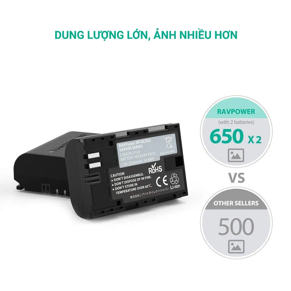 Bộ 2 Pin + Hub sạc Ravpower Canon LP-E6, LP-E6N, 2