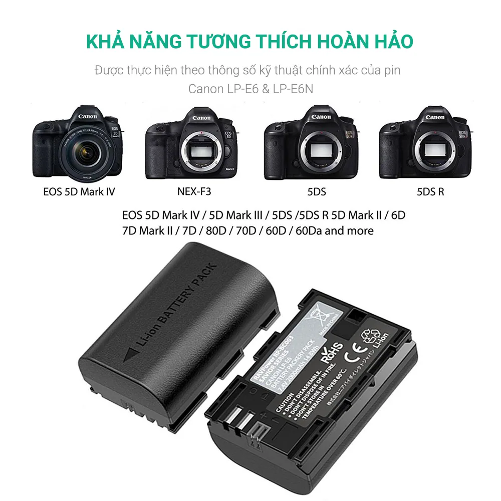 Bộ 2 Pin + Hub sạc Ravpower Canon LP-E6, LP-E6N, 6