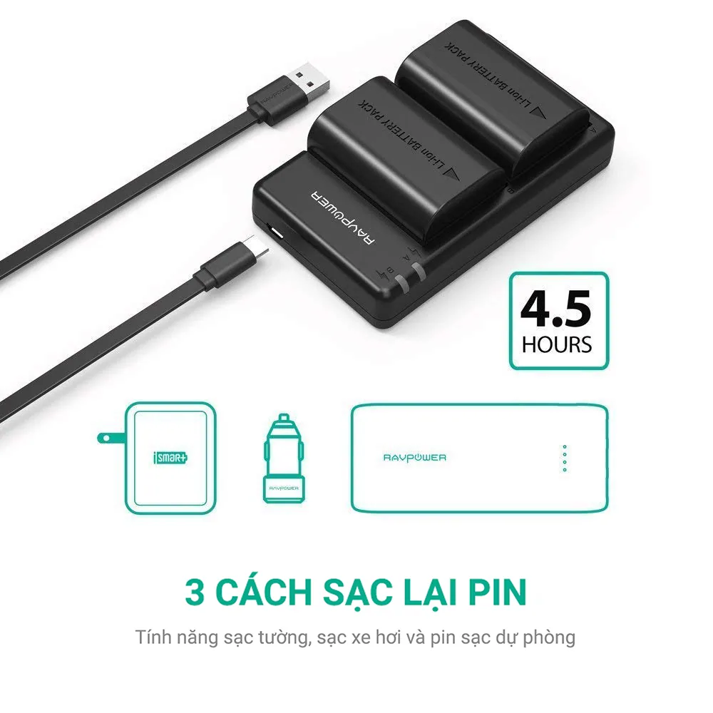 Bộ 2 Pin + Hub sạc Ravpower Canon LP-E6, LP-E6N, 7